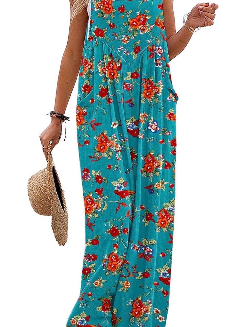 Teal Floral Wide-Leg Jumpsuit with Pockets, comfy, boho, fun! New without tags.